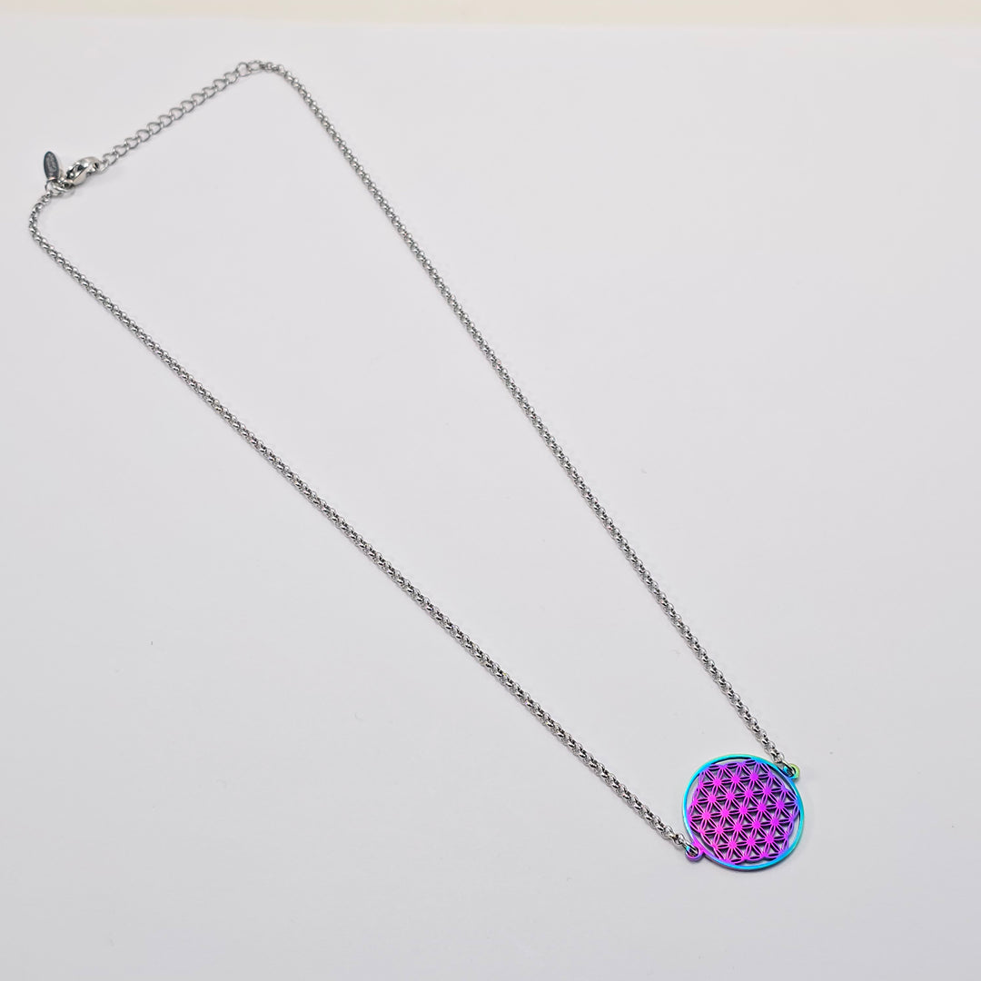 Flower of Life Frequency Necklace - Silver & Rainbow on Adjustable Chain