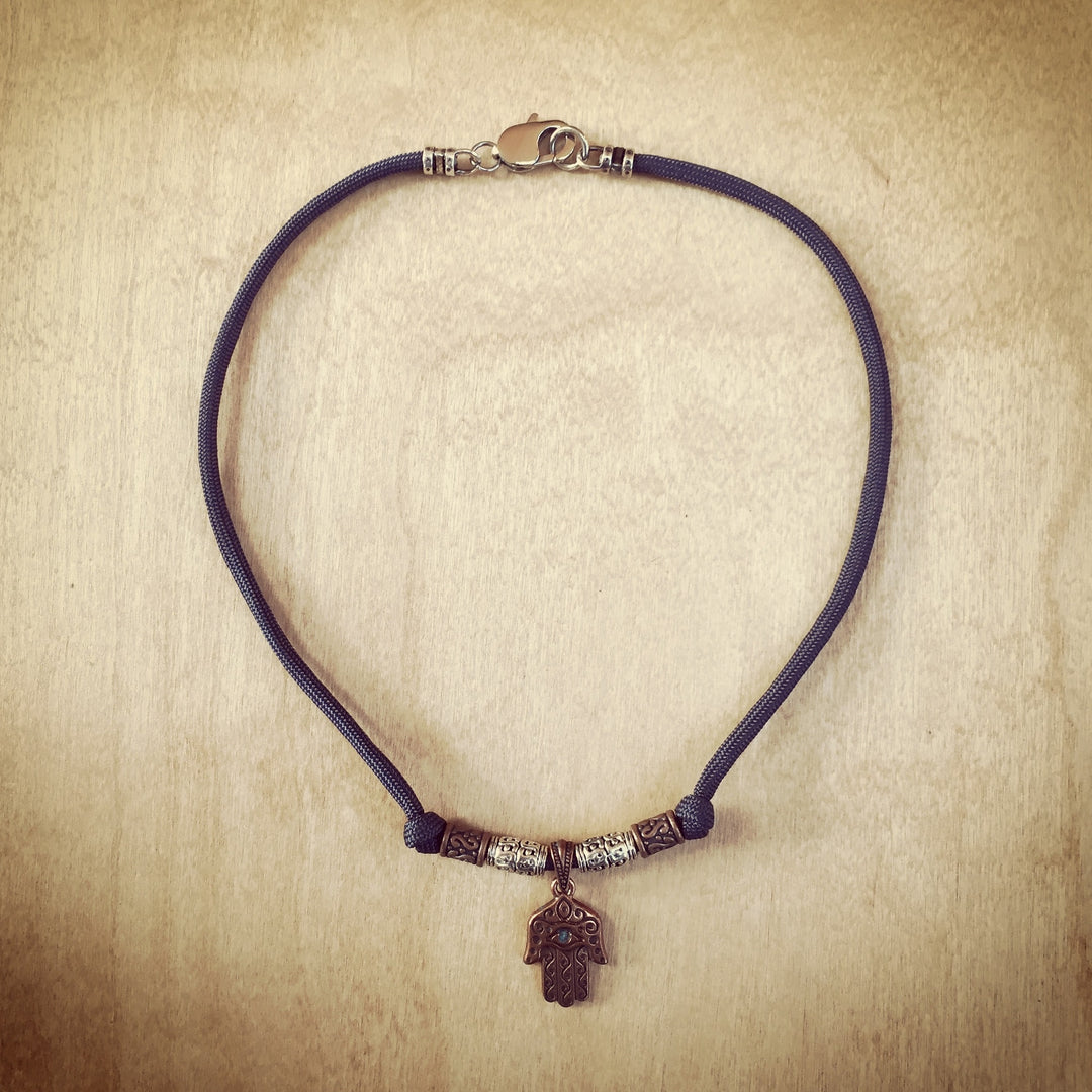 Antique Copper Hand of Hamsa Slate Blue Necklace