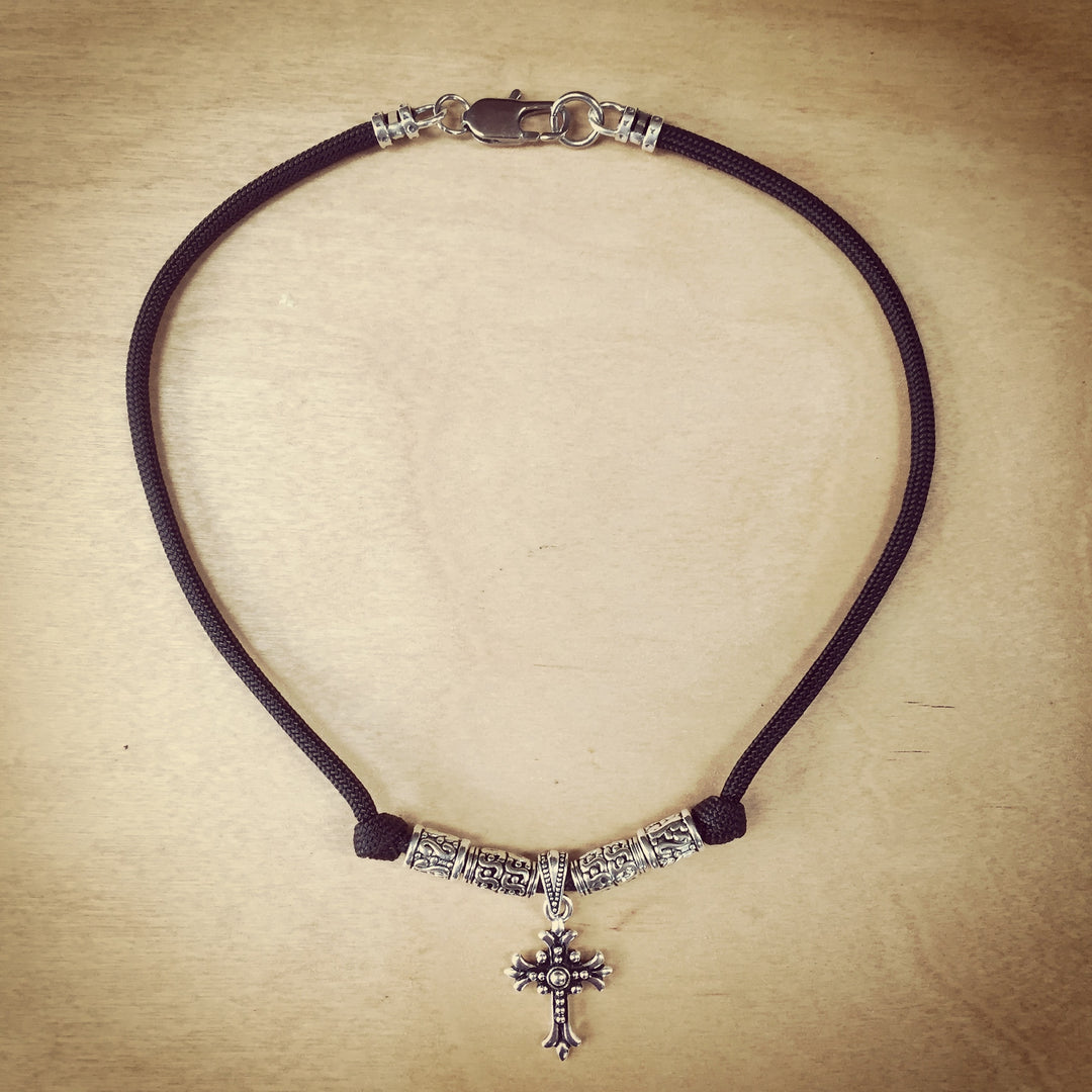 Antique Silver Cross with Beads on Black Necklace