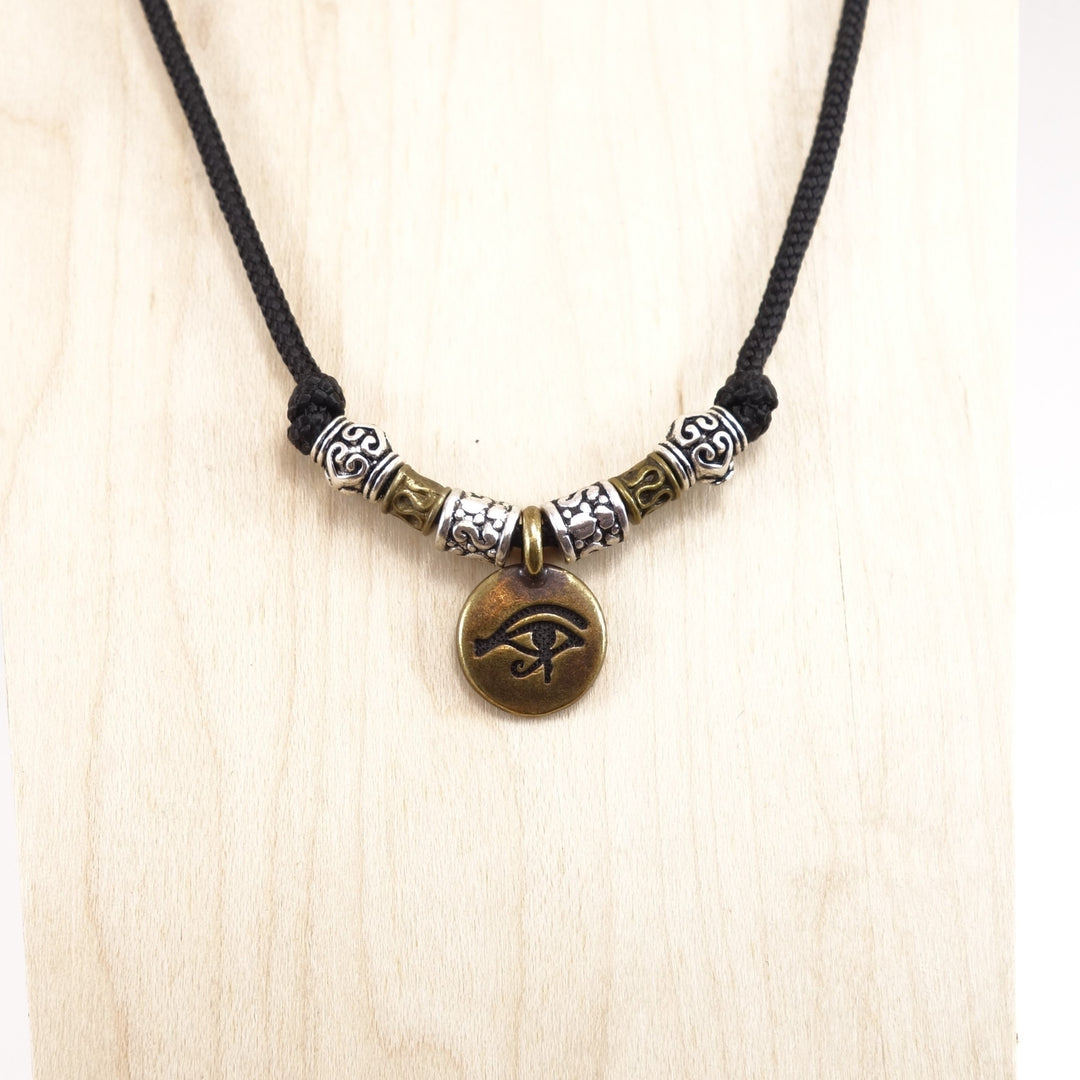 Antique Finish Eye of Horus charm and beads on 1.5 mm Black Nylon Necklace