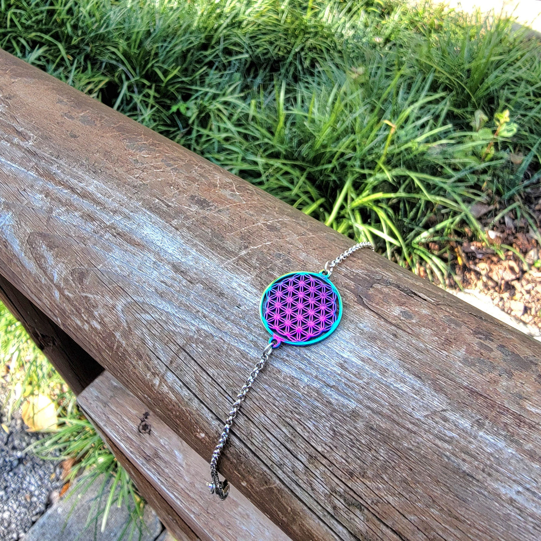 Flower of Life Frequency Bracelet - Silver & Rainbow on Adjustable Chain