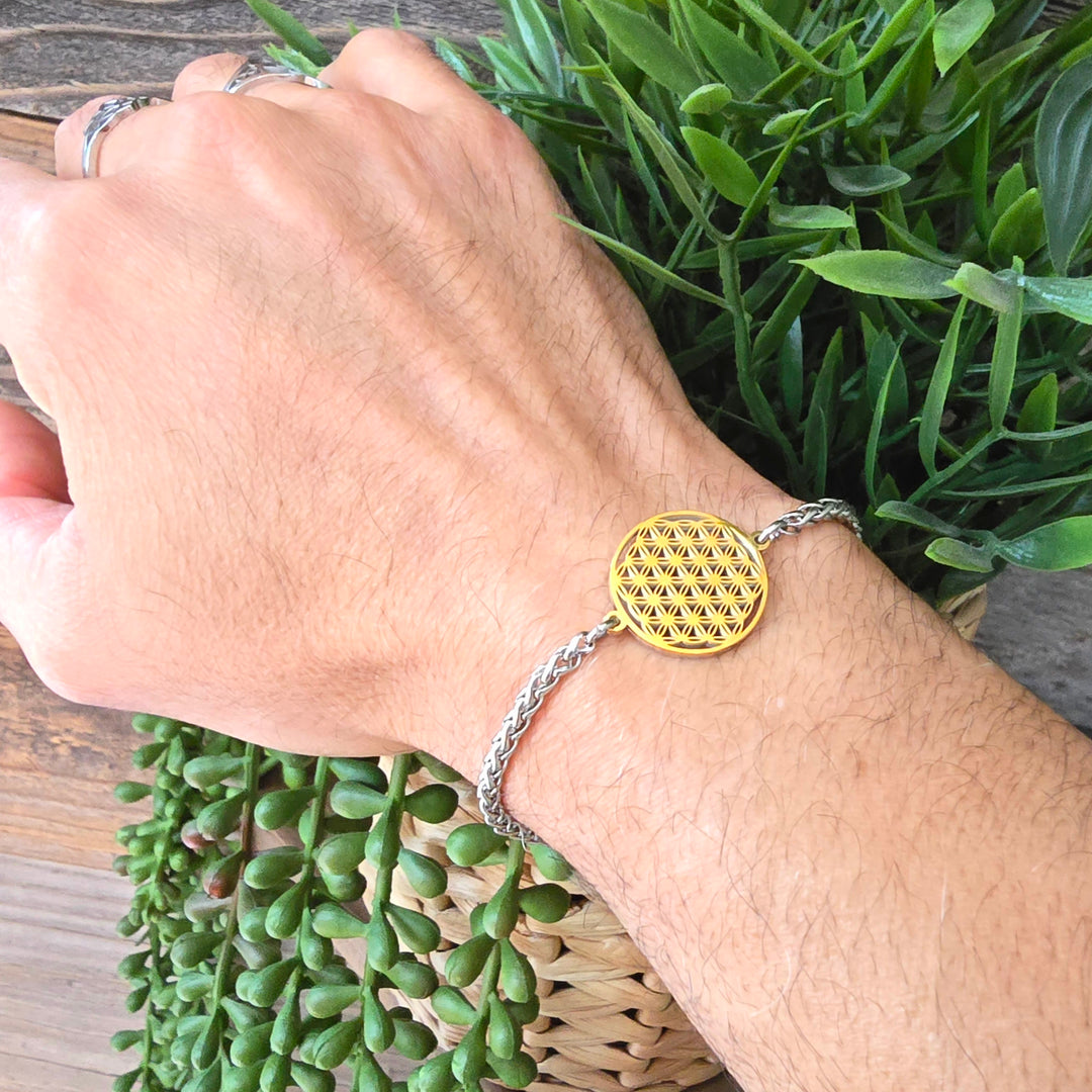 Flower of Life Frequency Bracelet - Silver Wheat Chain