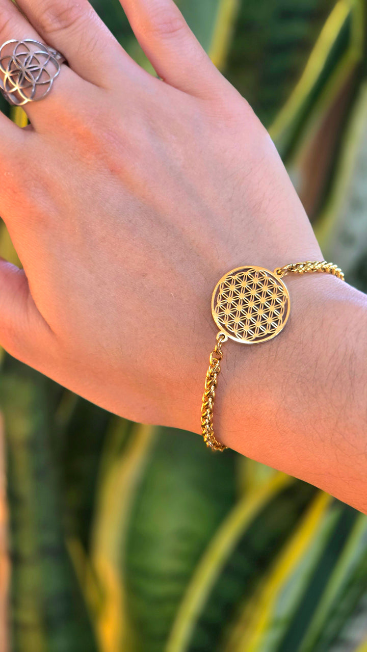 Flower of Life Frequency Bracelet - Gold Wheat Chain