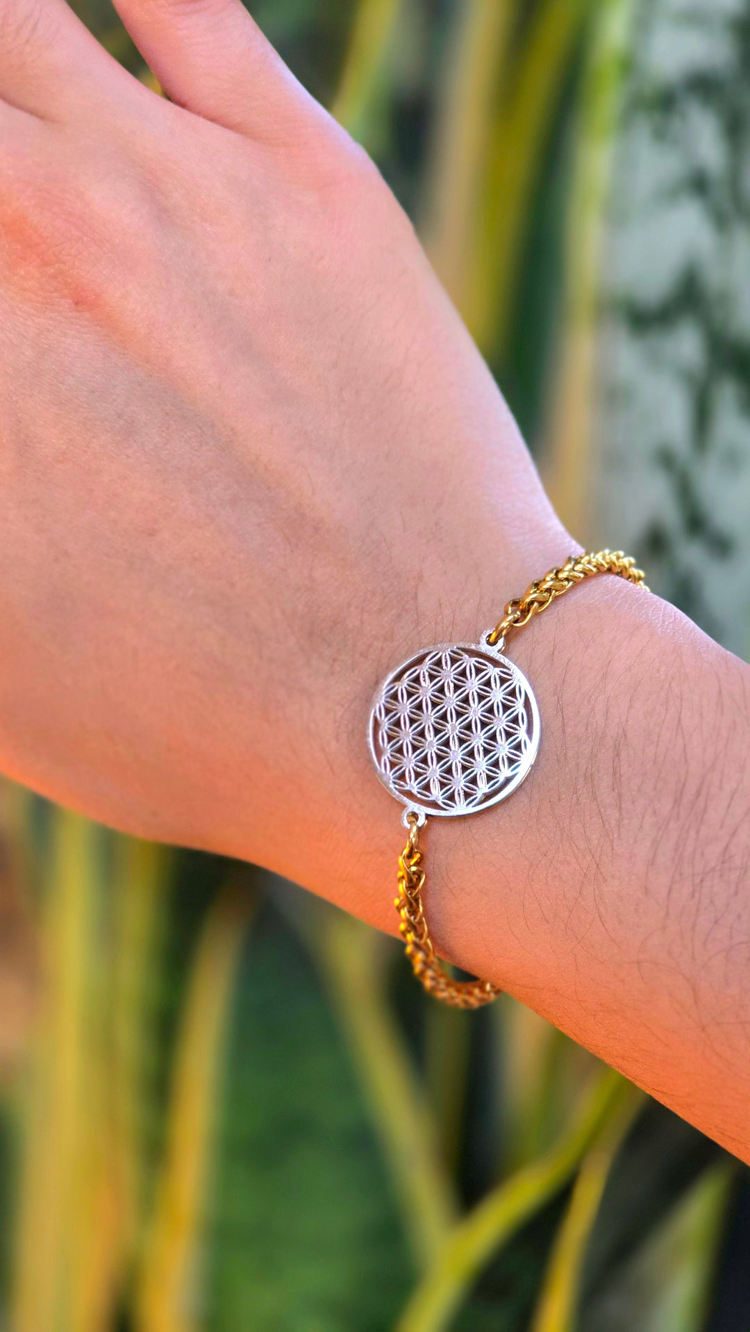 Flower of Life Frequency Bracelet - Gold Wheat Chain