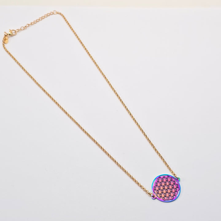Flower of Life Frequency Necklace - Gold & Rainbow on Adjustable Chain