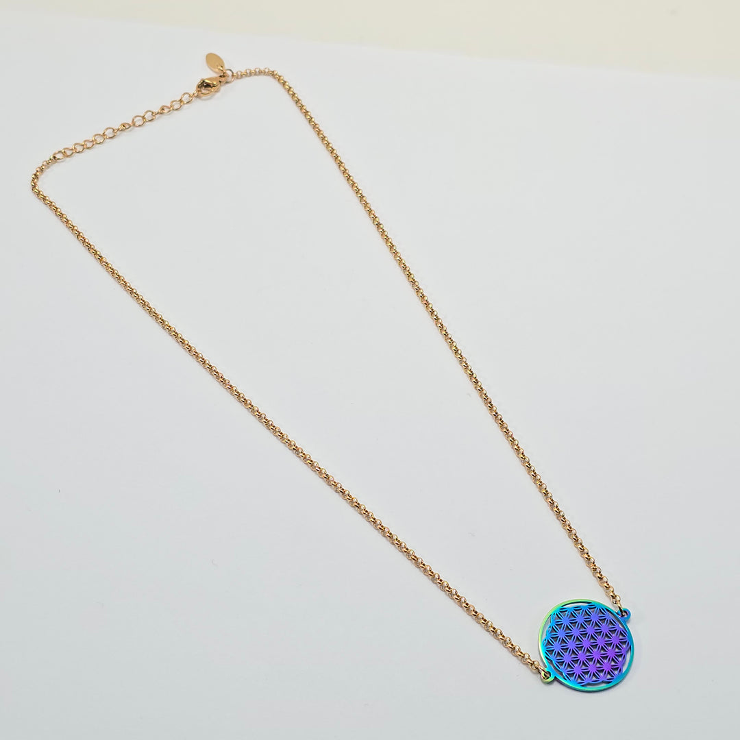 Flower of Life Frequency Necklace - Gold & Rainbow on Adjustable Chain