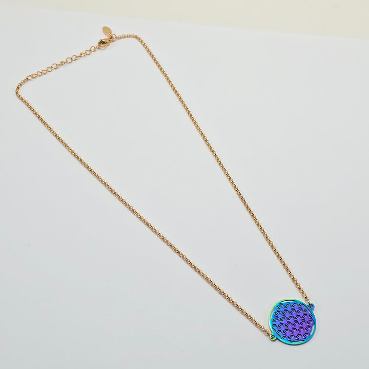 Flower of Life Frequency Necklace - Gold & Rainbow on Adjustable Chain