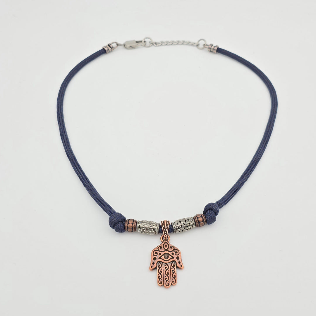 Antique Copper Hand of Hamsa Slate Blue Necklace