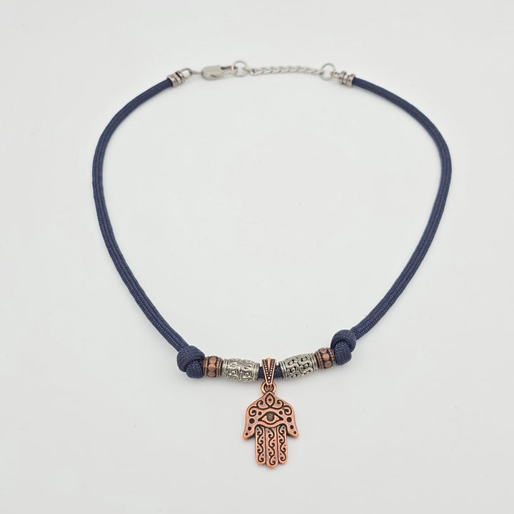 Antique Copper Hand of Hamsa Slate Blue Necklace