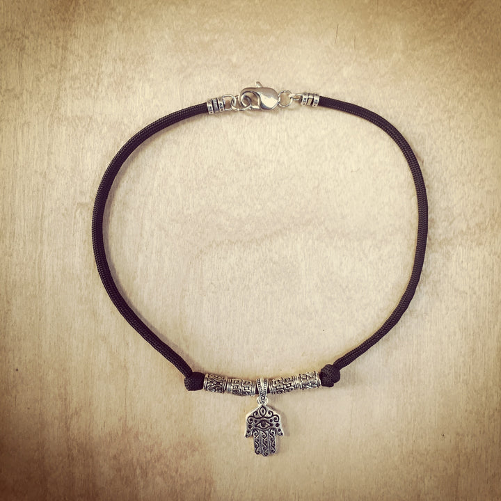 Antique Silver Hand of Hamsa Black Necklace