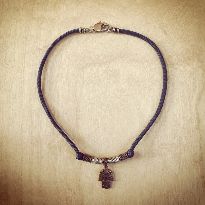 Antique Copper Hand of Hamsa Slate Blue Necklace