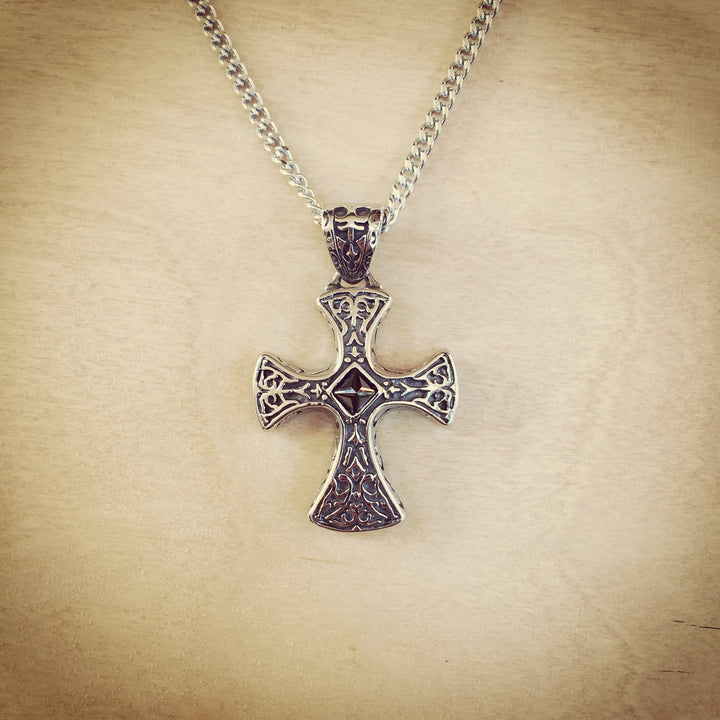 Solid Celtic Black CZ Stainless Steel Cross Necklace