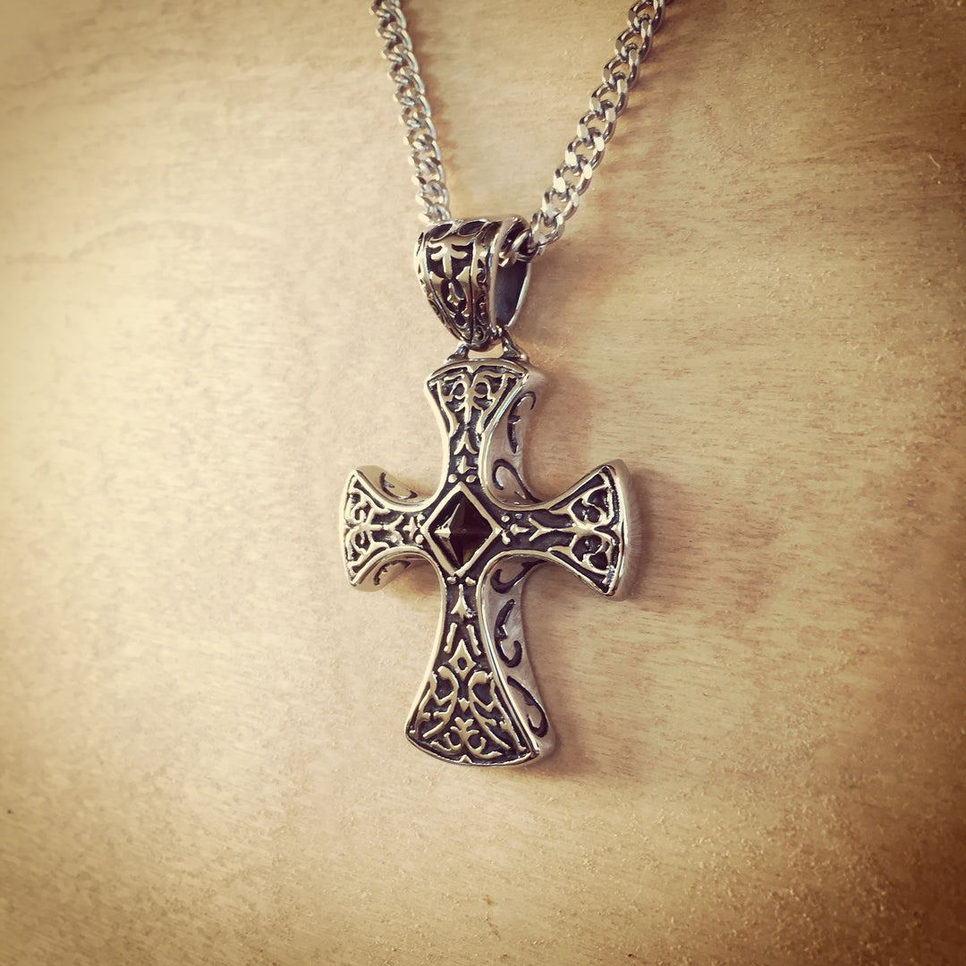 Solid Celtic Black CZ Stainless Steel Cross Necklace