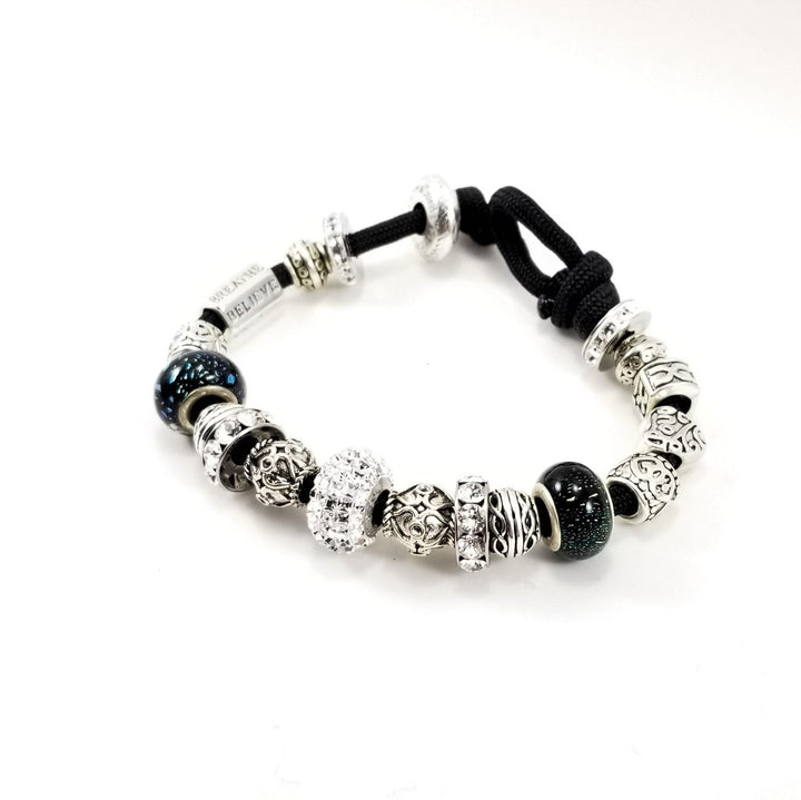 Women's Clear Swarovski  Crystals Beads on Black Charm Bracelet