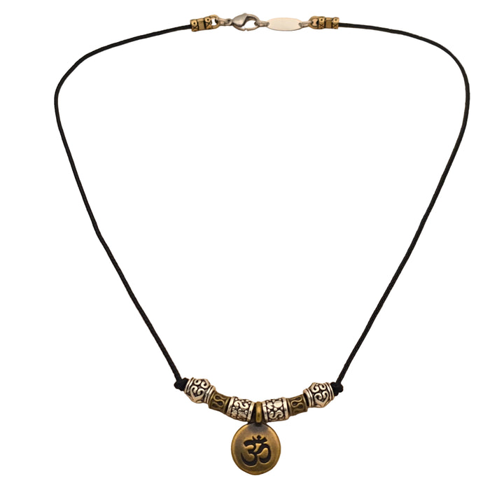 Antique Finish AUM charm and beads on 1.2 mm Black Nylon Necklace
