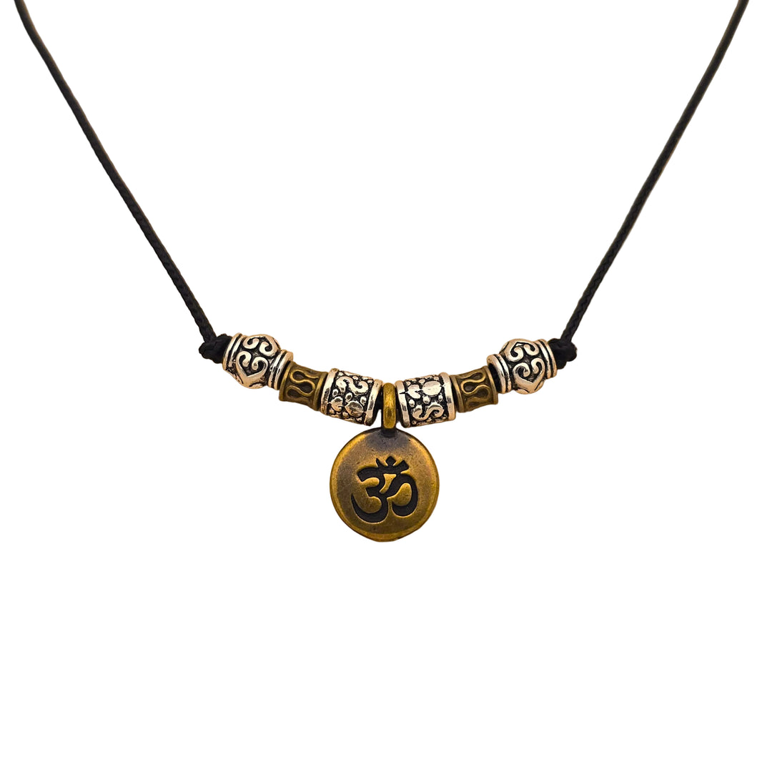Antique Finish AUM charm and beads on 1.2 mm Black Nylon Necklace