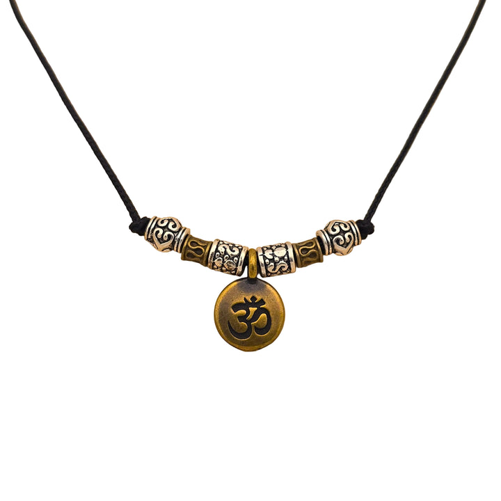 Antique Finish AUM charm and beads on 1.2 mm Black Nylon Necklace