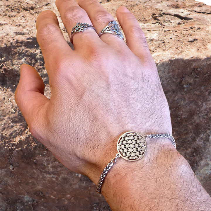 Flower of Life Frequency Bracelet - Silver Wheat Chain