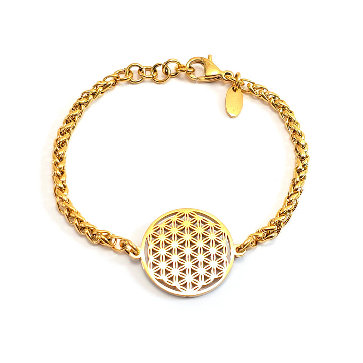 Flower of Life Frequency Bracelet - Gold Wheat Chain