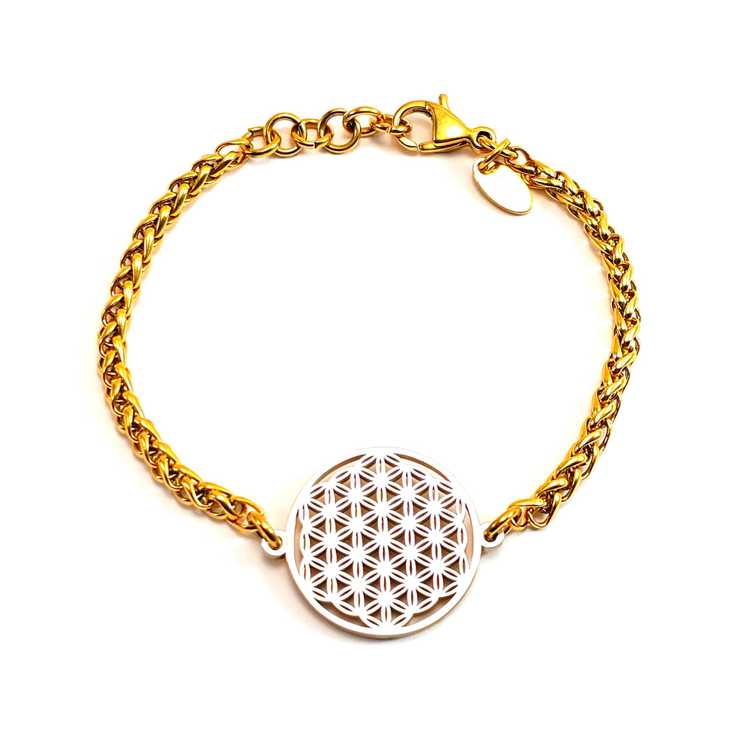 Flower of Life Frequency Bracelet - Gold Wheat Chain