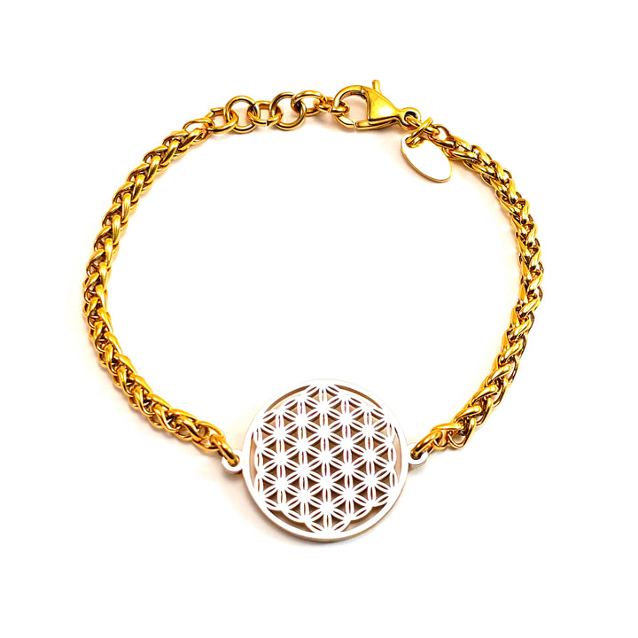 Flower of Life Frequency Bracelet - Gold Wheat Chain