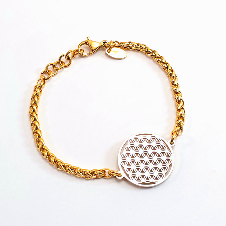 Flower of Life Frequency Bracelet - Gold Wheat Chain