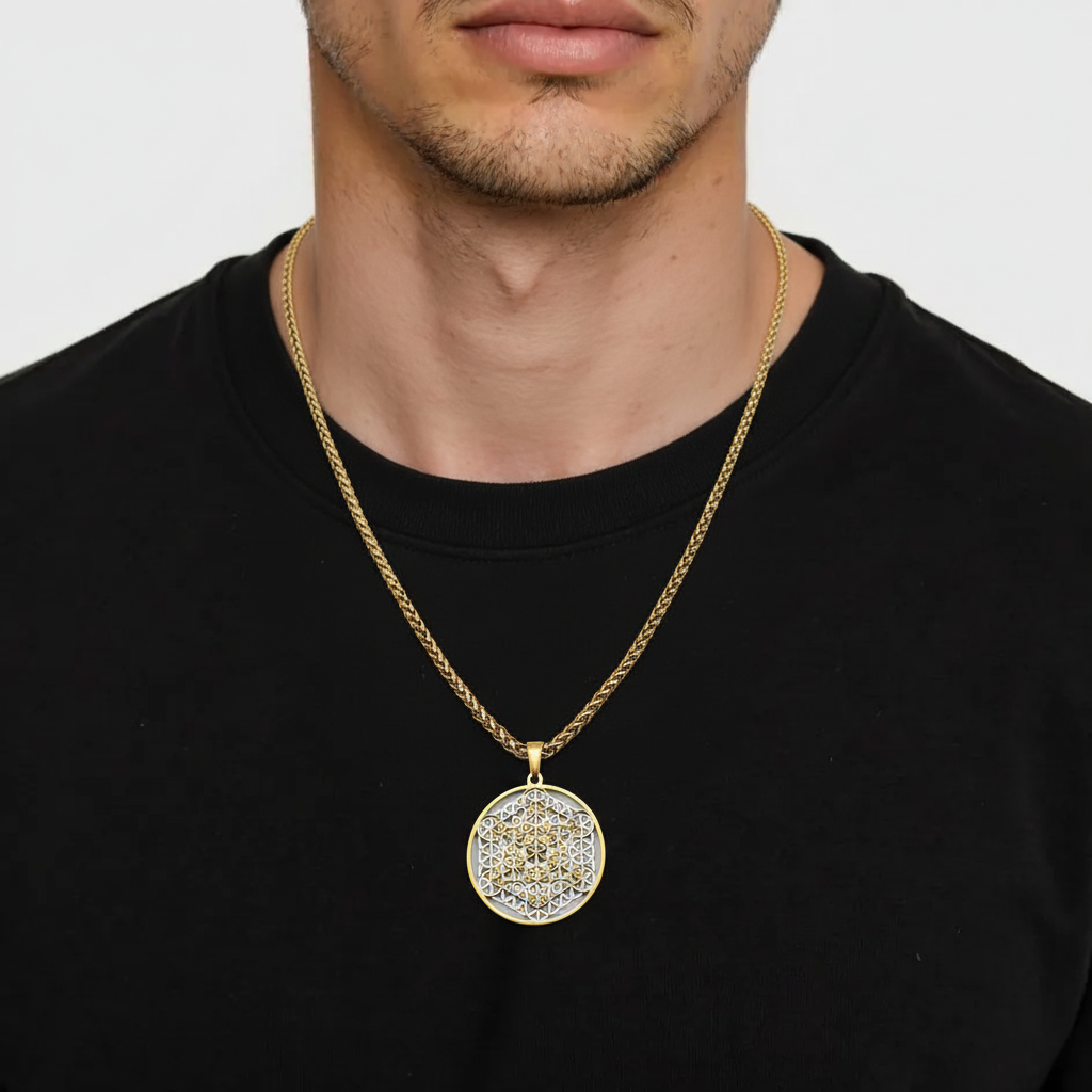 Metatron Flower Gold-Silver on Gold Chain - Earth Frequency Infused