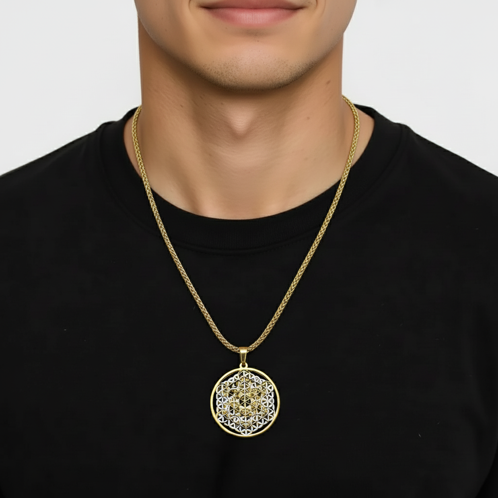 Metatron Flower Gold-Silver on Gold Chain - Earth Frequency Infused