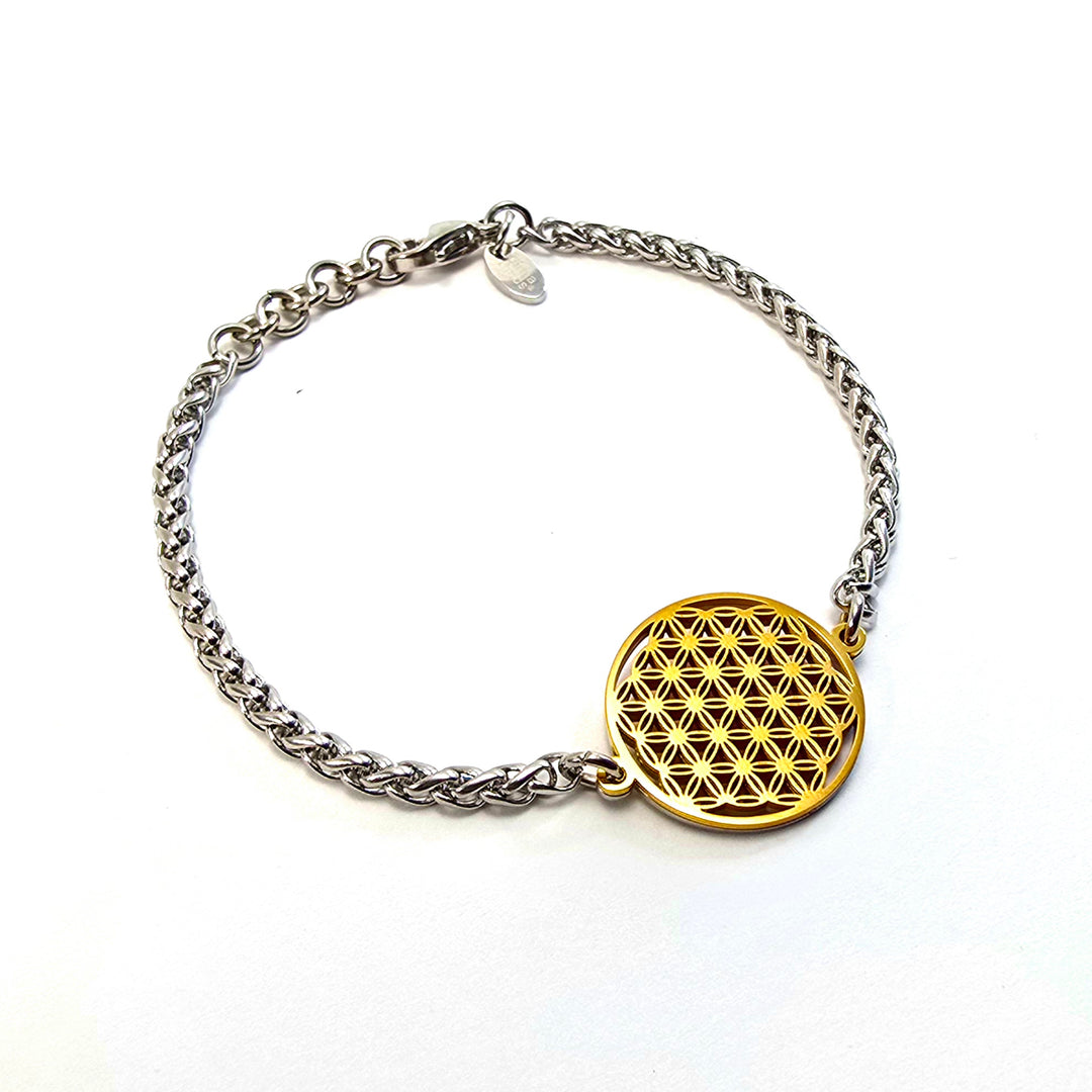 Flower of Life Frequency Bracelet - Silver Wheat Chain