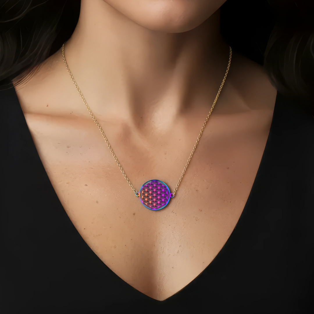Flower of Life Necklace Gold & Rainbow on Adjustable Chain - Earth Frequency Infused