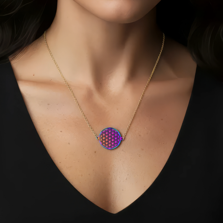 Flower of Life Necklace Gold & Rainbow on Adjustable Chain - Earth Frequency Infused