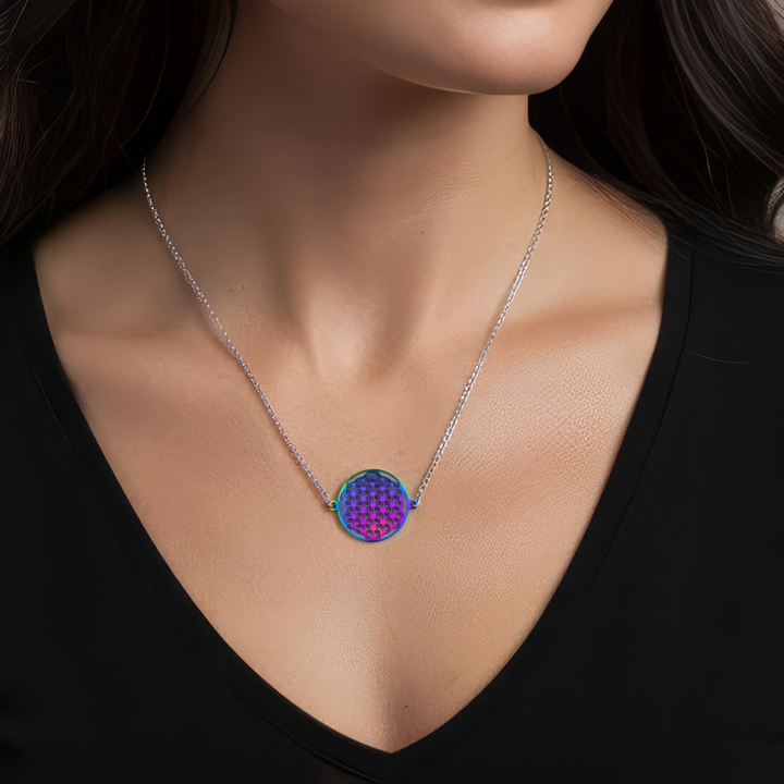 Flower of Life Necklace Silver & Rainbow on Adjustable Chain - Earth Frequency Infused