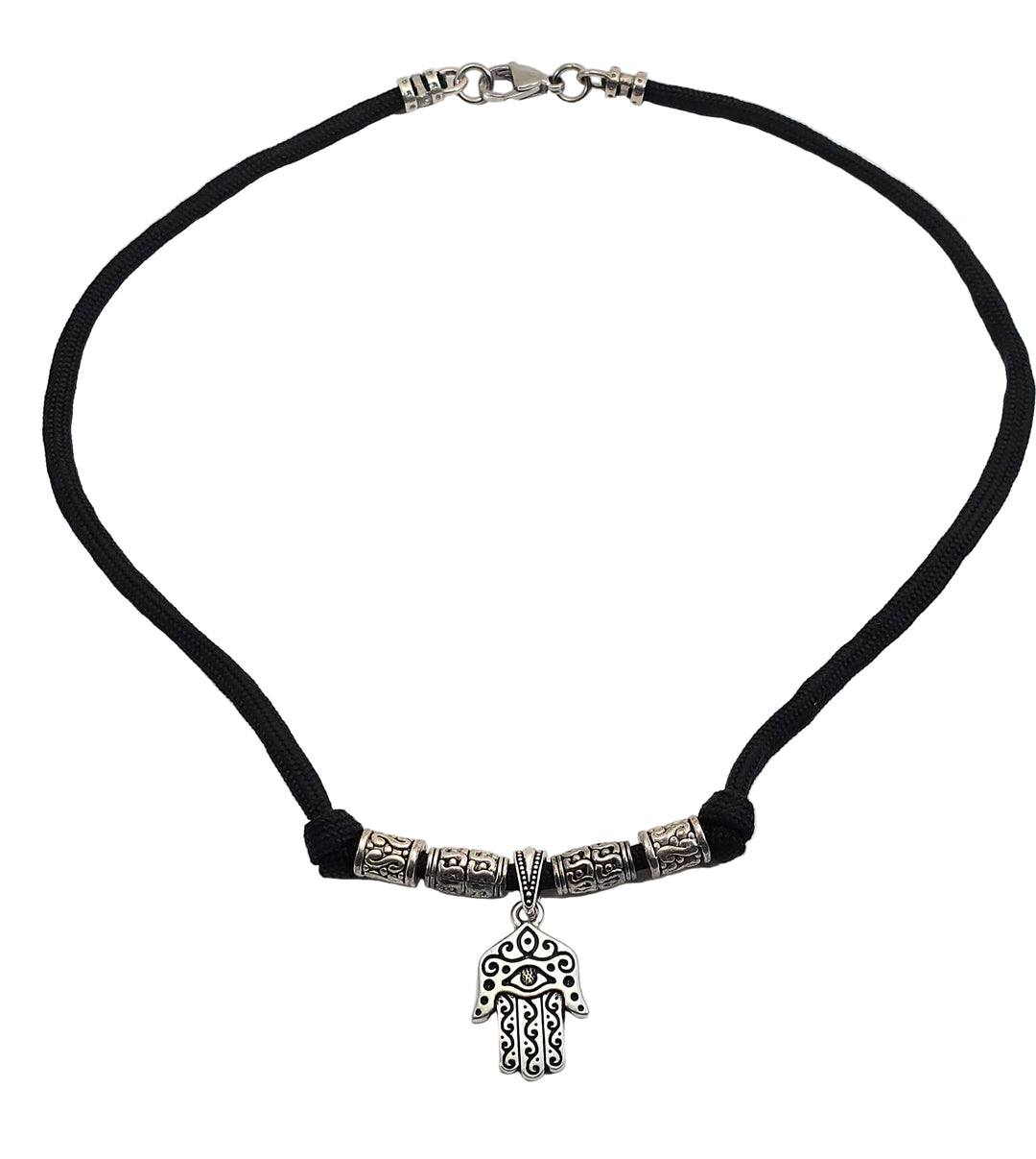 Antique Silver Hand of Hamsa Black Necklace
