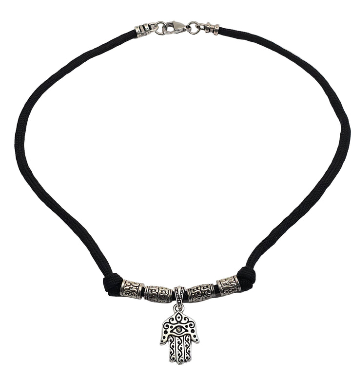 Antique Silver Hand of Hamsa Black Necklace